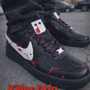 Custom Nike Men’s Air Force 1 Low - Black with Red Paint-Splash Accents